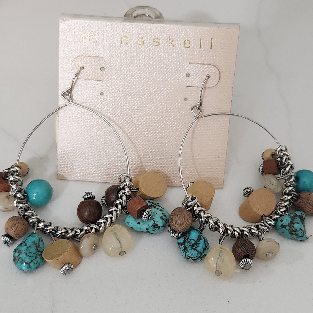 Silver and Turquoise Beaded Hoop Earrings By M. Haskell - Picture 4 of 10